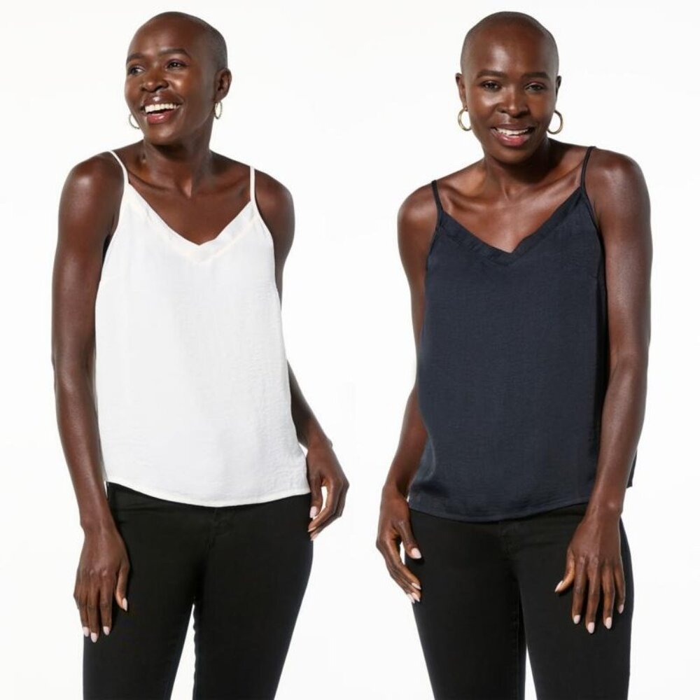 G by Giuliana 2 pk Woven Satin Camisole Size Large Sleeveless Ivory Black Layers